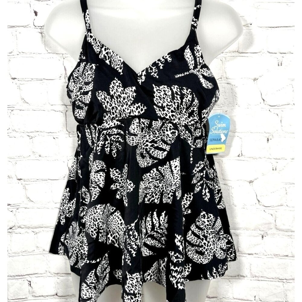 Swim Solutions Size Black Spotted Leaves Underwire Tankini Top Size 12